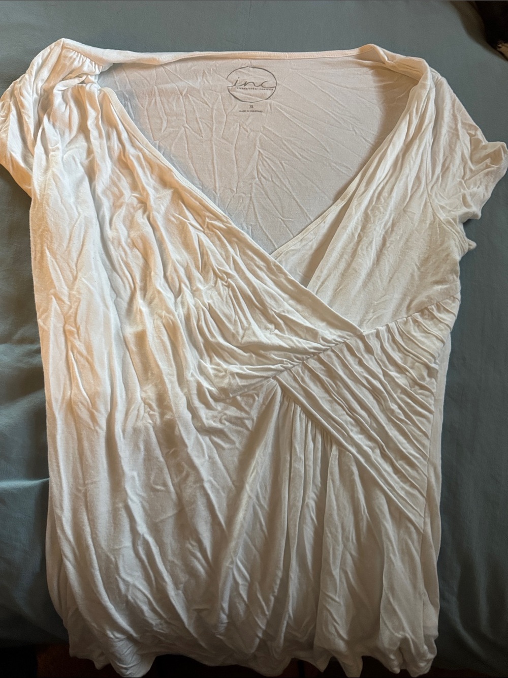 INC International Concepts Cream Ruched Surplice V-Neck Top